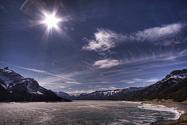 Spring Time Sun over a frozen Abraham Lake, Alberta Rockies