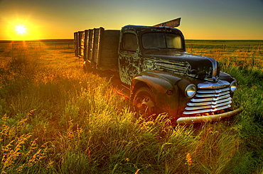 Old Abandoned Farm Truck Illuminated at Sunrise, Southwestern Saskatchewan