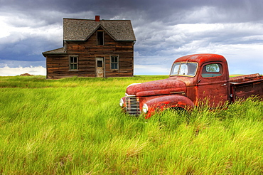 Abandoned Homestead House and Red Pick-Up Truck, Southwestern Saskatchewan