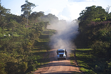 Truck on a red dirt road between Concepcion and Brazil in the Chiquitania Region, Santa Cruz Department, Bolivia