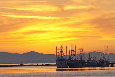 Fishing vessels at sunset with Vancouver Island mountains in the background, Richmond, British Columbia