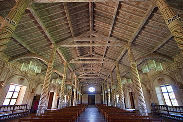 Nave, frescoes with tropical motifs on the walls and main entrance, Jesuit Mission of San Javier de Velasco, Santa Cruz Department, Bolivia