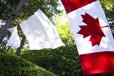 Laundry and a Canadian flag hanging on a clothesline, Muskoka, Ontario