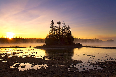Mist and island at sunrise, Soldier Lake, Nova Scotia