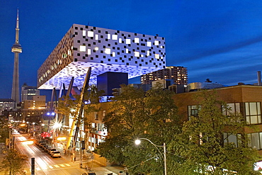 Ontario College of Art and Design with the CN Tower in the background at Night, Toronto, Ontario