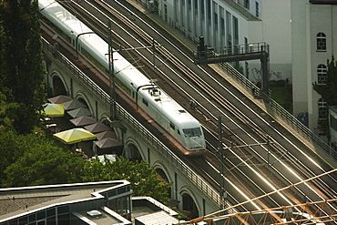 Panoramic view of an ICE high speed train from the Television Tower, Berlin, Germany