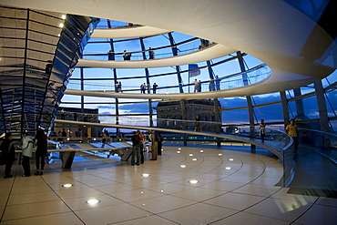 Inside Norman Foster's Dome of the Reichstag Building at night, Berlin, Germany