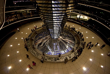 Inside Norman Foster's Dome of the Reichstag Building at night, Berlin, Germany