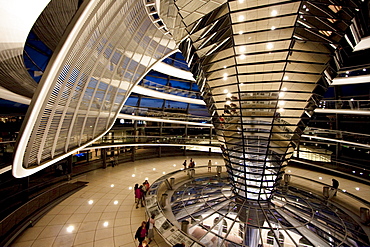 Inside Norman Foster's Dome of the Reichstag Building at night, Berlin, Germany