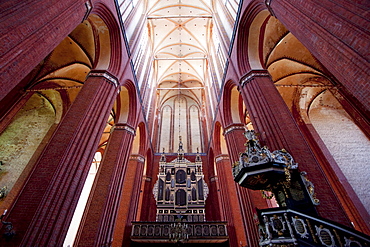 Organ and pulpit in St. Nikolai Church, Wismar, Germany