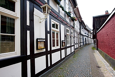 Street scene with half-timbered buildings, Goslar, Germany