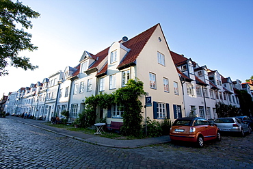 Crow-stepped gabled houses along the Hansahafen, Lubeck, Germany