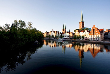 Skyline reflected in the Holstenhafen, Lubeck, Germany