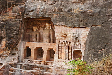 Jain sculptures carved in to the cliff on the southern approach to the fort, Gwalior, Madhya Pradesh, India