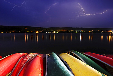 Lightning over Canoe and Pohenegamook Lake, Pohenegamook, Bas-Saint-Laurent Region, Quebec