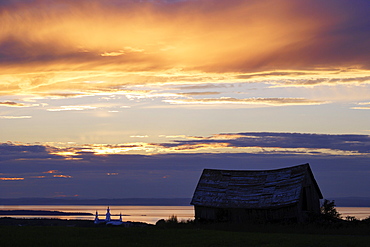 Barn, Church and St. Lawrence River at Twilight, Bas-Saint-Laurent Region, Trois-Pistoles, Quebec