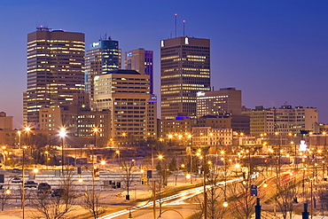 Winnipeg skyline at night, shot from The Forks towards Portage and Main St., Winnipeg, Manitoba