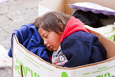 Girl sleeping in a cardboard box, Otavalo, Imbabura, Ecuador