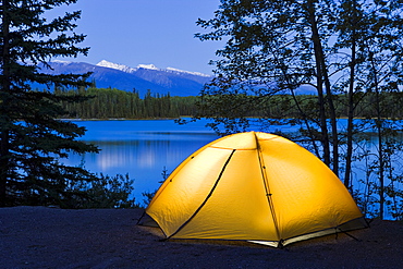 Tent and Boya Lake at dusk, Boya Lake Provincial Park, Northern British Columbia