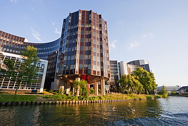 The Winston Churchill building of the European Parliament on the banks of the Ill River, Strasbourg, France