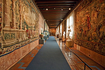 Tapestries and sculptures on display in the Louis XIII wing of the Chuteau de Blois, Blois, France