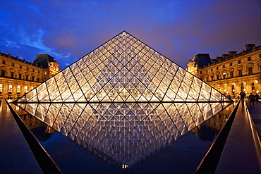 Louvre Pyramid by the architect I.M. Pei at night, Paris, France