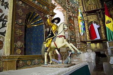 Figure of Saint James the Greater by the altarpiece in Santiago de Curahuara de Carangas church, the "Sistine Chapel of the Andes", Curahuara de Carangas, Oruro, Bolivia