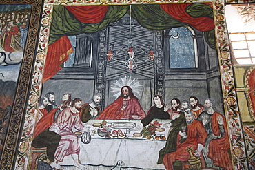 Last Supper illustrated by 17th century Baroque-Mestizo frescos in the nave of Santiago de Curahuara de Carangas church, the "Sistine Chapel of the Andes", Curahuara de Carangas, Oruro, Bolivia