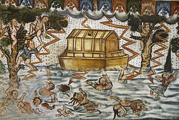 Noah's Ark and the Deluge illustrated by Baroque-Mestizo frescos dating to the 17th century in the baptistery of Santiago de Curahuara de Carangas church, the "Sistine Chapel of the Andes", Curahuara de Carangas, Oruro, Bolivia