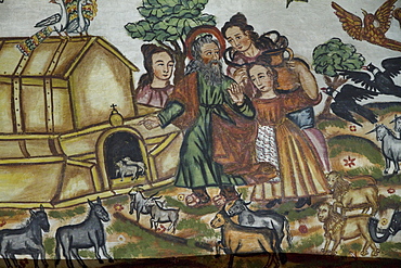 Detail of Noah's Ark illustrated by Baroque-Mestizo frescos dating to the 17th century in the baptistery of Santiago de Curahuara de Carangas church, the "Sistine Chapel of the Andes", Curahuara de Carangas, Oruro, Bolivia