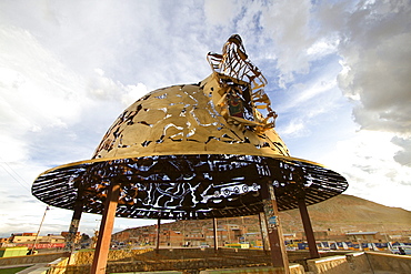 Miner's hat-shaped modern monument at the entrance to Oruro, Bolivia