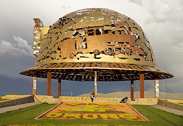 Miner's hat-shaped modern monument at the entrance to Oruro, Bolivia