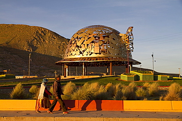 Miner's hat-shaped modern monument at the entrance to Oruro, Bolivia