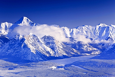 Aerial view from top of Sulphur Mountain, Lake Minnewanka and Bow Valley, Banff National Park, Alberta