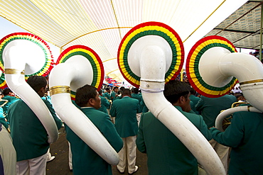 Tuba players in a marching band in the procession of the Carnaval de Oruro, Oruro, Bolivia