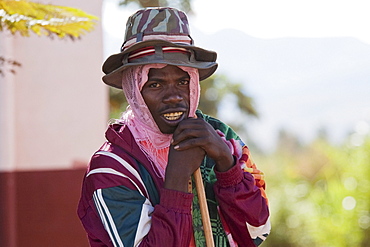 Man with hats in Ambalavao, Fianarantsoa Province, Madagascar