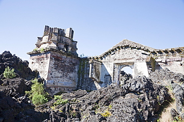 Remains of the San Juan Parangaricutiro Church destroyed by the Paricutin Volcano eruption from 1943 to 1952, Michoacun, Mexico