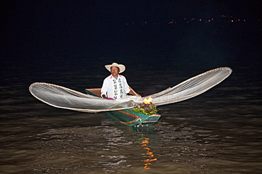 Fisherman with butterfly nets in Lake Putzcuaro at night, Michoacun, Mexico