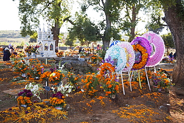 Celebration of Dia de los Muertos, the Day of the Dead at the San Andrus Tzirondaro cemetery. People decorate the graves of their loved ones with offerings of flowers, particularly marigolds (cempoalxochitl or zempasuchil), bread of the dead (pan de muerto), candles, the deceased's favourite food, drinks and personal belongings to guide their spirits home. Families celebrate their late relatives by the tombs on November 2, All Souls Day., Michoacun, Mexico