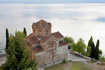 Church of St. Jovan (St. John the Theologian) at Kaneo and Ohrid Lake at sunset, Ohrid, Macedonia