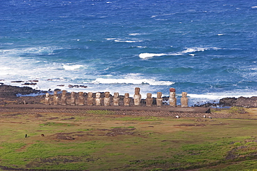 Fifteen moais from different periods, restored by archaeologist Claudio Cristino, at Ahu Tongariki, as seen from Rano Raraku, Rapa Nui (Easter Island), Chile