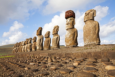 Fifteen moais from different periods, restored by archaeologist Claudio Cristino, at Ahu Tongariki, Rapa Nui (Easter Island), Chile