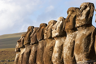 Moais from different periods, restored by archaeologist Claudio Cristino, at Ahu Tongariki, Rapa Nui (Easter Island), Chile