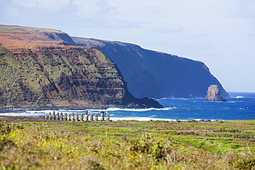 Fifteen moais from different periods, restored by archaeologist Claudio Cristino, at Ahu Tongariki, as seen from Rano Raraku, Rapa Nui (Easter Island), Chile