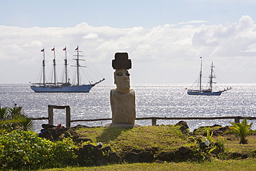 Moai, the four-mast barquentine, Esmeralda & Brigantine, Soren Larsen in Hanga Roa Harbour, Rapa Nui (Easter Island), Chile