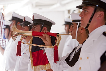 Naval band on board the four-mast barquentine, Chilean Navy Training Ship Esmeralda in Hanga Roa Harbour, Rapa Nui (Easter Island), Chile