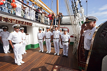 Captain Humberto Ramirez welcomes Rear Admiral Oscar Cristian Millar on board the four-mast barquentine, Chilean Navy Training Ship Esmeralda in Hanga Roa Harbour, Rapa Nui (Easter Island), Chile