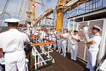 Navy Band performing on board of the four-mast barquentine, Chilean Navy Training Ship Esmeralda in Hanga Roa Harbour, Rapa Nui (Easter Island), Chile