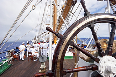 Onboard the four-mast barquentine, Chilean Navy Training Ship Esmeralda in Hanga Roa Harbour, Rapa Nui (Easter Island), Chile