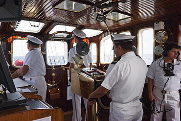 Bridge of the four-mast barquentine, Chilean Navy Training Ship Esmeralda in Hanga Roa Harbour, Rapa Nui (Easter Island), Chile